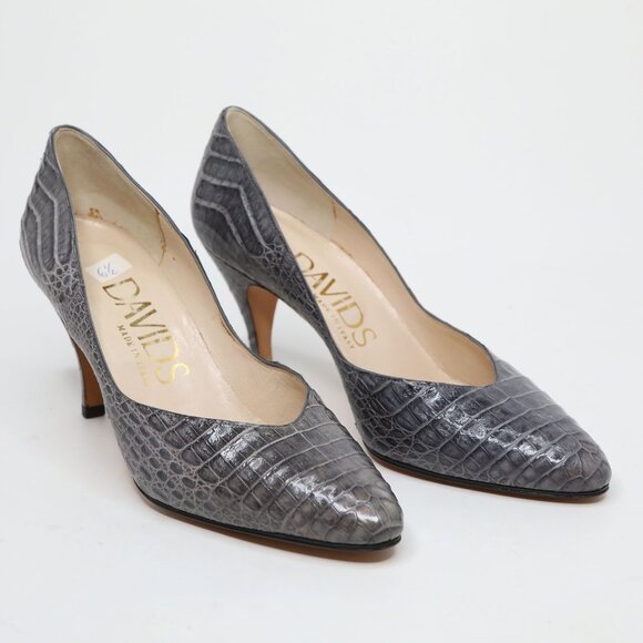 Vintage David' Croco Embossed Leather Point Toe Pumps Grey 80s Italy - Picture 3 of 9